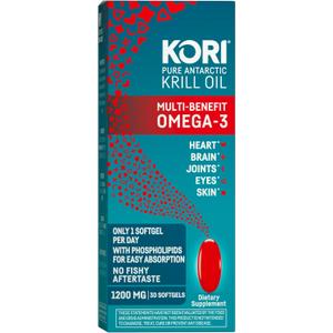 Kori Krill Oil Omega 3 Supplement, Antarctic Krill Oil with Superior Absorption vs Fish Oil, 1200mg Softgels, 30 Softgels, EPA & DHA