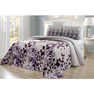 GrandLinen - 3-Piece Fine Printed Oversize (118 X 95) Fresca Quilt Set Reversible Bedspread Coverlet King/Cal King Size Bed Cover (Purple, Grey, Vine)