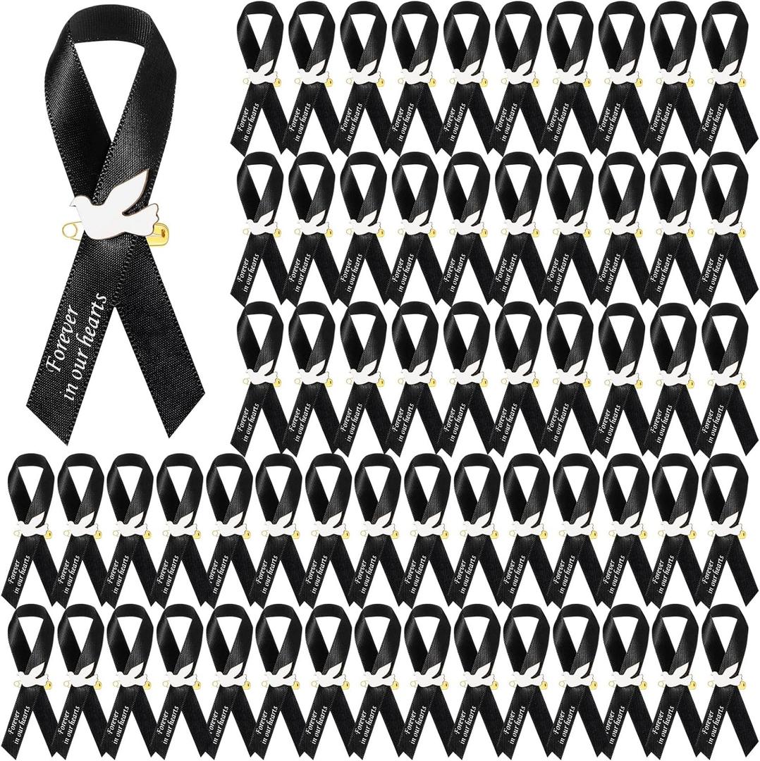 50 Pcs Dove Funeral Ribbons Memorial Ribbon Funeral Pins Classic Memorial Service Respect Ribbon Bow with Safety Pins and Dove for Mourning Remembrance Day Event(Black)