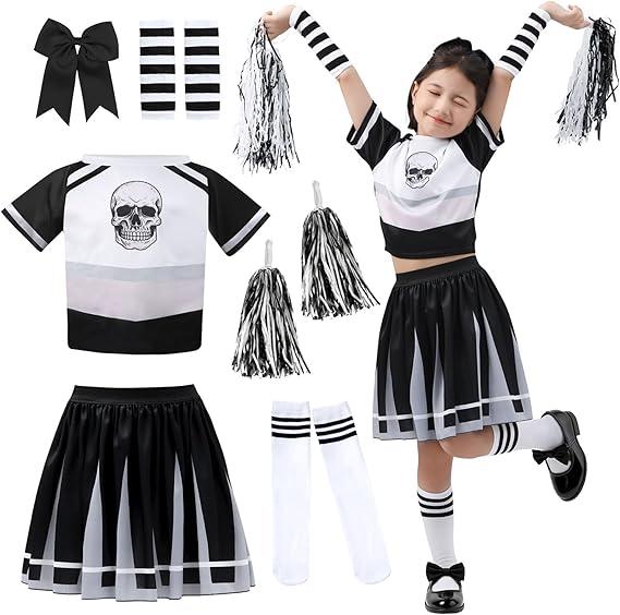 Skeleton Cheerleader Costume for Girls - Scary Bad Spirit Halloween Outfit - Dead Cheer Skull Scary Outfit. Size 6-10