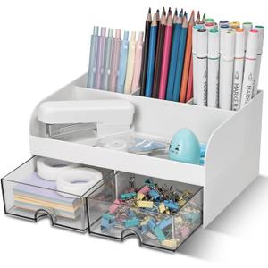 Desk Organizer with 2 Drawer, Multi-Functional Pencil Pen Holder for Desk, Desk Organizers and Storage with 6 Compartments, Desktop Organizer for Office Home Art Supplies (White)