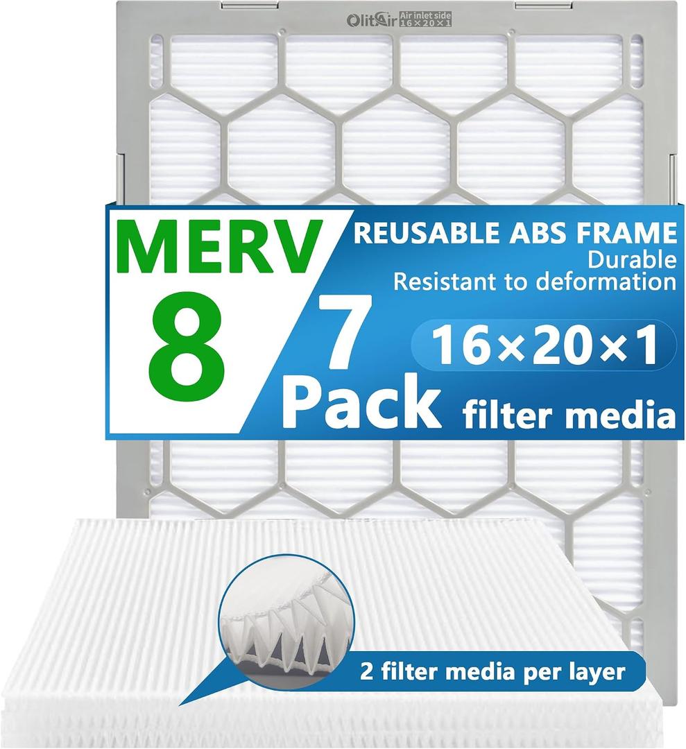 16x20x1 MERV 8 Air Filter,AC Furnace Air Filter,Reusable ABS Plastic Frame, 7 Pack Replaceable Filter Media (Actual Size: 15 3/4" x 19 3/4" x 3/4")