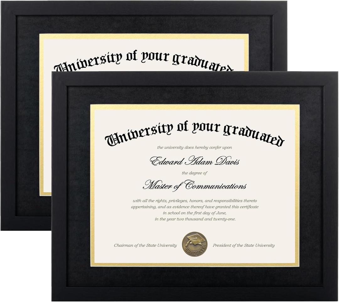 Upsimples 11x14 Diploma Frame Certificate Degree Document Frame with High Definition Glass, 8.5 x 11 with Mat for Wall and Tabletop, Black, 2 Pack