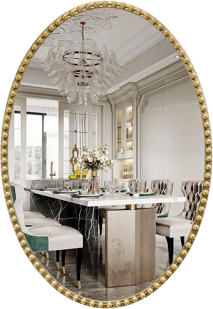 Gold Oval Bathroom Mirror, 20x30 Inch Floral Oval Mirrors for Wall, Antique Gold Metal Floral Frame Mirrors for Bedroom Living Room Hallway, Hangs Horizontally or Vertically