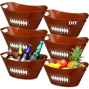 6 Pcs Brown Football Plastic Ice Bucket Drink Cooler Bulk 4.5l Oval Storage Basket Tub with Handles for Summer Sport Birthday Party Decoration Supplies