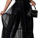 Choichic Women' Button Down Shirts High Waist Short Sleeve Sheer Mesh Patchwork Maxi Dress Long Shirts Tunics with Belt (X-Large, Black)