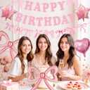 2 x Pink Bow Happy Birthday Decorations - Large Bow Balloons Banner for Coquette Birthday Decorations Foil Balloons for Girls Women Pink Coquette Themed Party Decor
