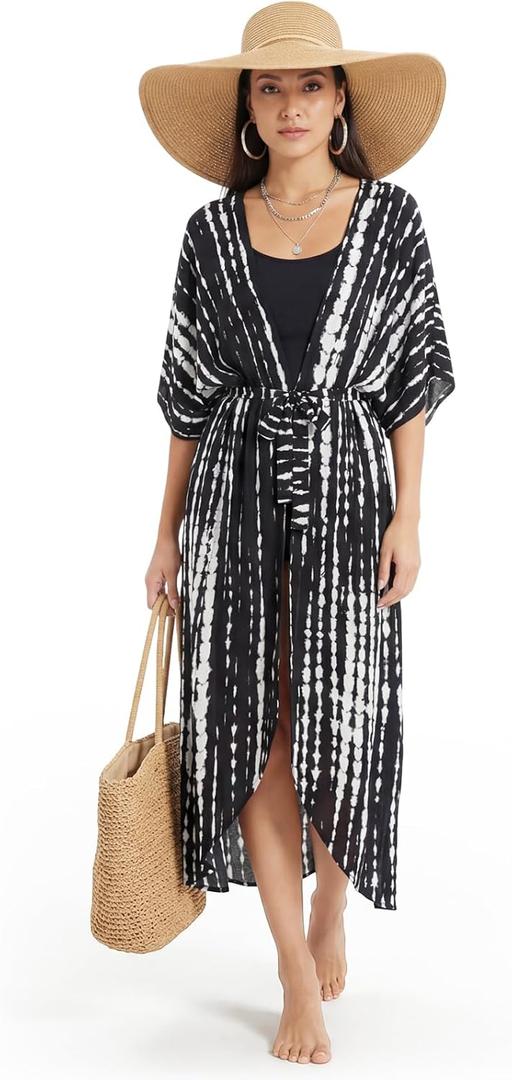 Cuffbow Long Beach Coverups for Women Kimono Boho Open Front Swimsuit Loose Beach Casual Caftan Dress Beachwear Cardigans (Black White)
