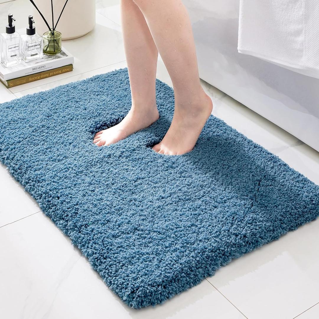 Bathroom Rugs Non Slip Washable 36x24, Ultra Thick Soft Microfiber Absorbent Bath Mats, High Density Foam Latex Non Slip Backing Bath Rugs, Fluffy Floor Carpet for Tub&Shower, Blue
