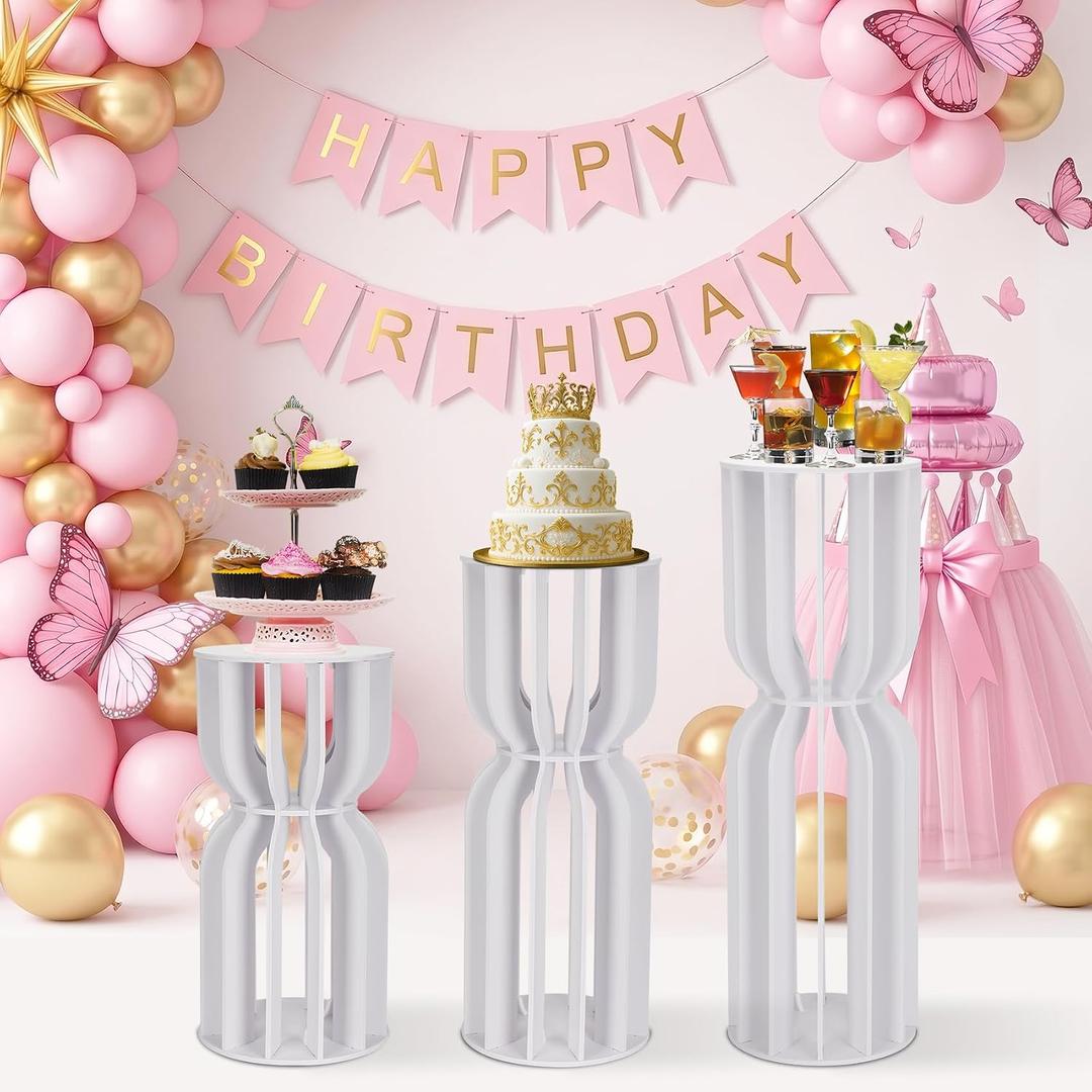 3Pcs Hourglass-Shaped Cake Stand with Cylinder Pedestal, Large White Round Plinth for Weddings, Birthdays, Baby Showers & Party Decor