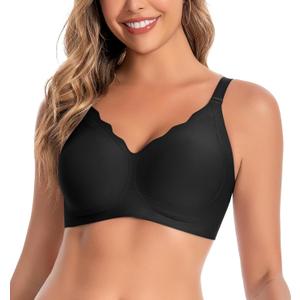 Womens Seamless Bras No Underwire Supportive Wireless Push Up Full Coverage Bralette Comfort Scalloped T-Shirt Bra (Black)