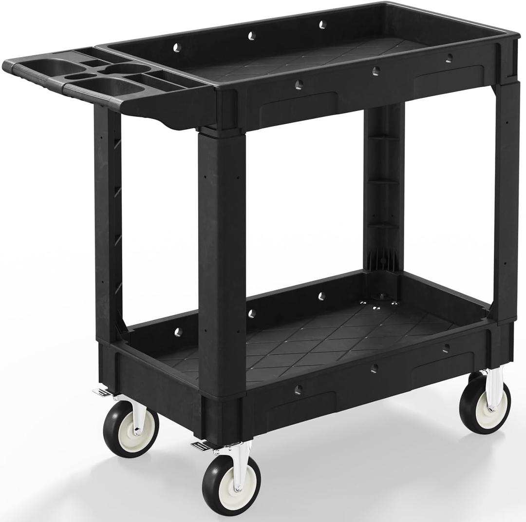 2 Shelf Heavy Duty Plastic Utility Cart, Service Cart Tub Storage W/Deep Shelve Holds up to 1000 lbs, Rolling Utility Cart with 360Swivel Wheels, Work Cart for Warehouse, Garage, Cleaning (40 x 17 Inch, Black)