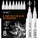 SFAIH White Liquid Chalk Markers for Blackboard, Glass - [Wet Wipe No Residue] 8 Pack- (4x) 2mm/4mm Reversible & (4x) 0.7mm Fine Tip, Ultra Flow Triple-Tips - Menu, Bistro, Signs, Windows, Food Labels
