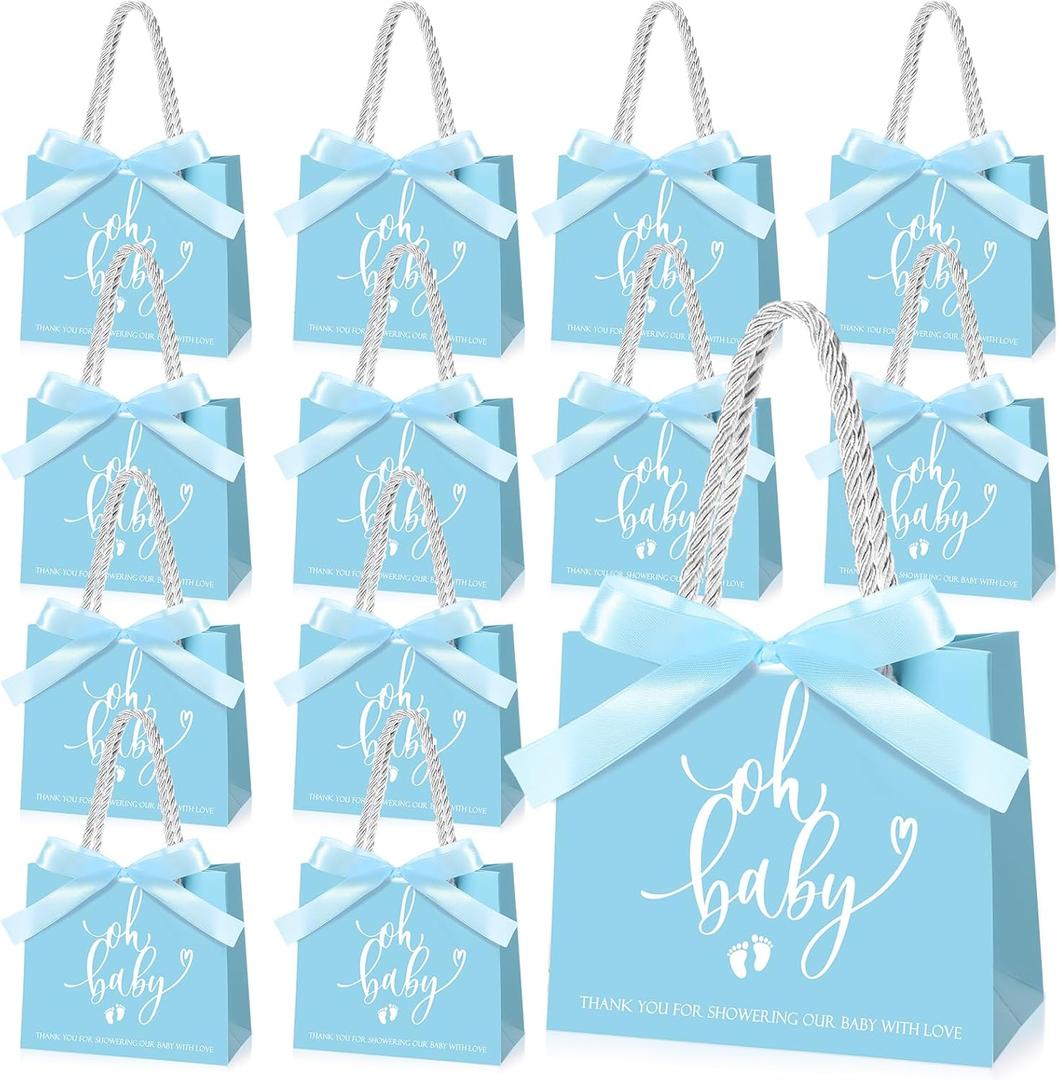 Spakon 25 Packs Baby Shower Favors for Guests Oh Baby Gifts Bag with Handles Paper Goodie Gift Bags with Ribbon for Newborn Gender Reveal Favors(Blue)