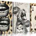 3Pcs Trendy Cheetah Roaring Canvas Wall Art Leopard Lucky Girl Poker Lips Painting Picture Wall Decor Funky Preppy Poster Print Artwork for Bedroom Girly Room Living Room Apartment Home Decoration (24L"16W" Canvas)