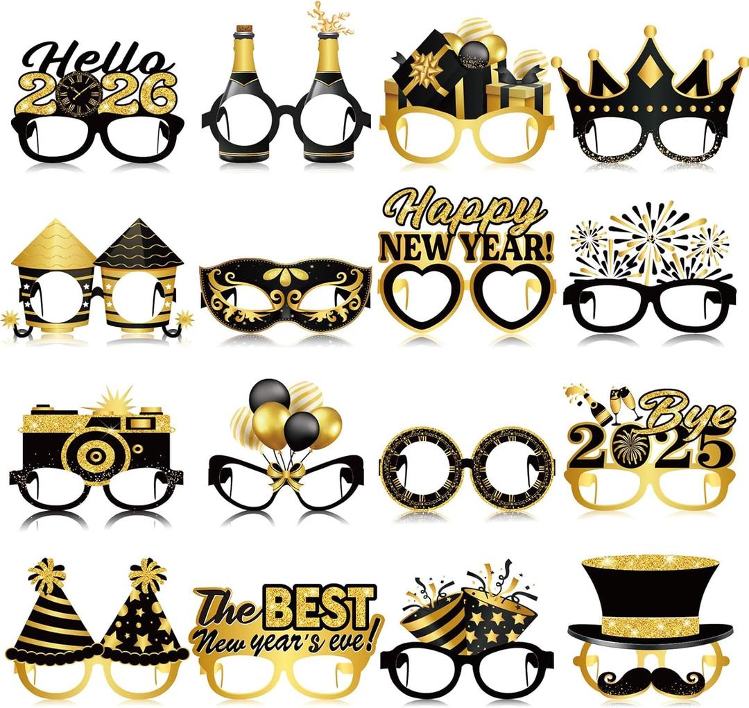 Pajean 32 Pcs Happy New Year Decorations Black Gold Novelty Eyeglasses 2026 Theme Party Paper Glasses Frame Photo Booth Props for 2026 New Years Party Supplies