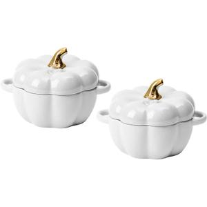 Pumpkin Bowl Set with Lid and Handle, Set of 2 Ceramic Ramekins for Baking, Casserole Dish Individual Severing Pot, Stoneware, Oven Safe, 14 Oz (White)