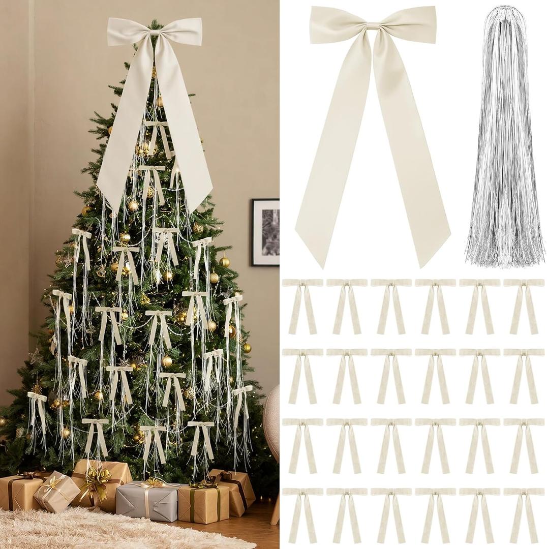 Shihanee Beige Christmas Bows Decor Set 1 Large Neutral Satin Christmas Tree Topper 24 Velvet Ribbon Bows with 3000 Strands Silver Tinsel Icicles Vintage Xmas Ornament for Holiday Wreath Gift Wrapping