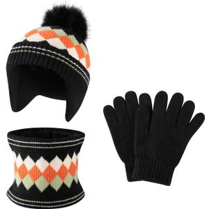 Comfoex 3 Pcs Kids Winter Hat Scarf Gloves Set Boys Girls Knit Neck Warmer Fleece Lined Children Beanie Hat Set for Ages 4-8