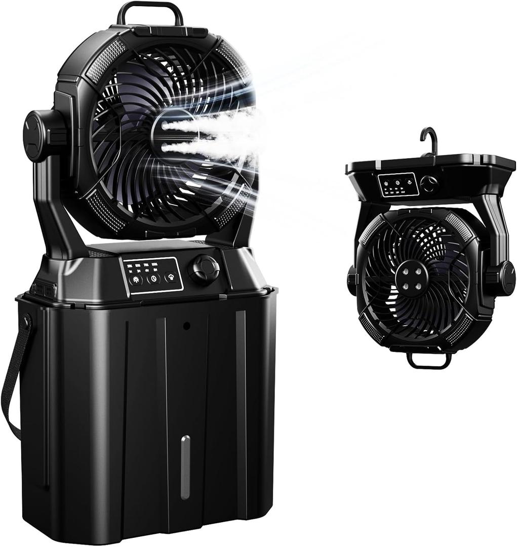 Misting Fan Portable 42800mAh Rechargeable with Remote Control, Camping Fan with LED Light & Stepless Speed Control & Cooling Spray with 6L Bucket, Timer Function, Portable Handle, Rotate Hang Hook (Pitch-Black)