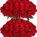 Jefuzh 50 PCS Fake Red Roses, Artificial Red Flowers Bulk Realistic Silk Faux Rose with Stems for Wedding Decoration Anniversary Bridal Bouquet DIY Floral Arrangement Romantic Home Decor Gifts