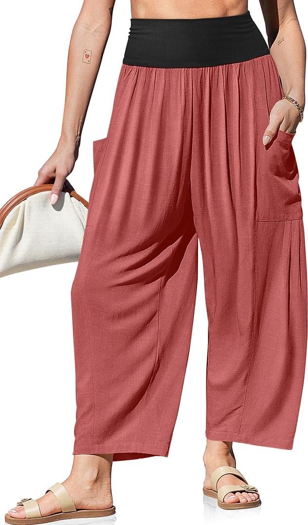 TARSE Womens Linen Wide Leg Pants Casual Loose Elastic Waist Beach Travel Vacation Palazzo Harem Pants with Pockets (Red, XL)