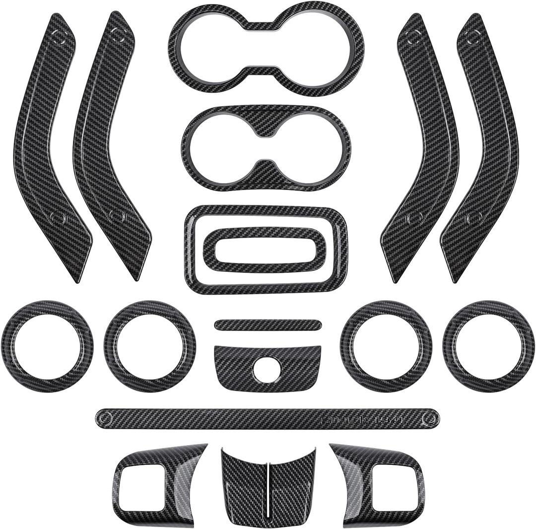 18 PCS Full Set Interior Decoration Trim Kit Steering Wheel Center Console Door Handle Air Conditioning Vent Cup Holder Gear Cover Trim for Jeep Wrangler JK JKU 2011-2018 4-Door (Glossy Carbon Fiber)