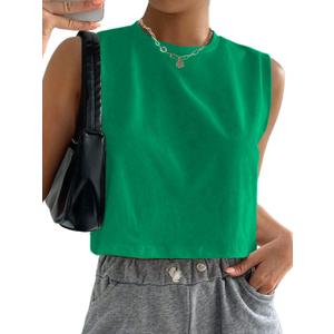 Hilinker Womens Crew Neck Loose Crop Tank Tops Workout Casual Sleeveless T Shirt, Green, Size: Small