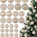 32 Pcs Christmas Hanging Balls - 3 Size Glitter Pearl & Sequin Xmas Tree Ornaments Pearl Balls for Thanksgiving Day Xmas Trees Wreath Garland Holiday Party(Champagne Gold)