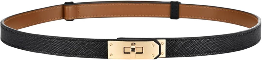 FENLDY Adjustable Thin Belts For Womens Skinny Belts For Dresses Womens Solid Color Alloy Turn Lock Belts For Jeans (Black Belt Gold Buckle)