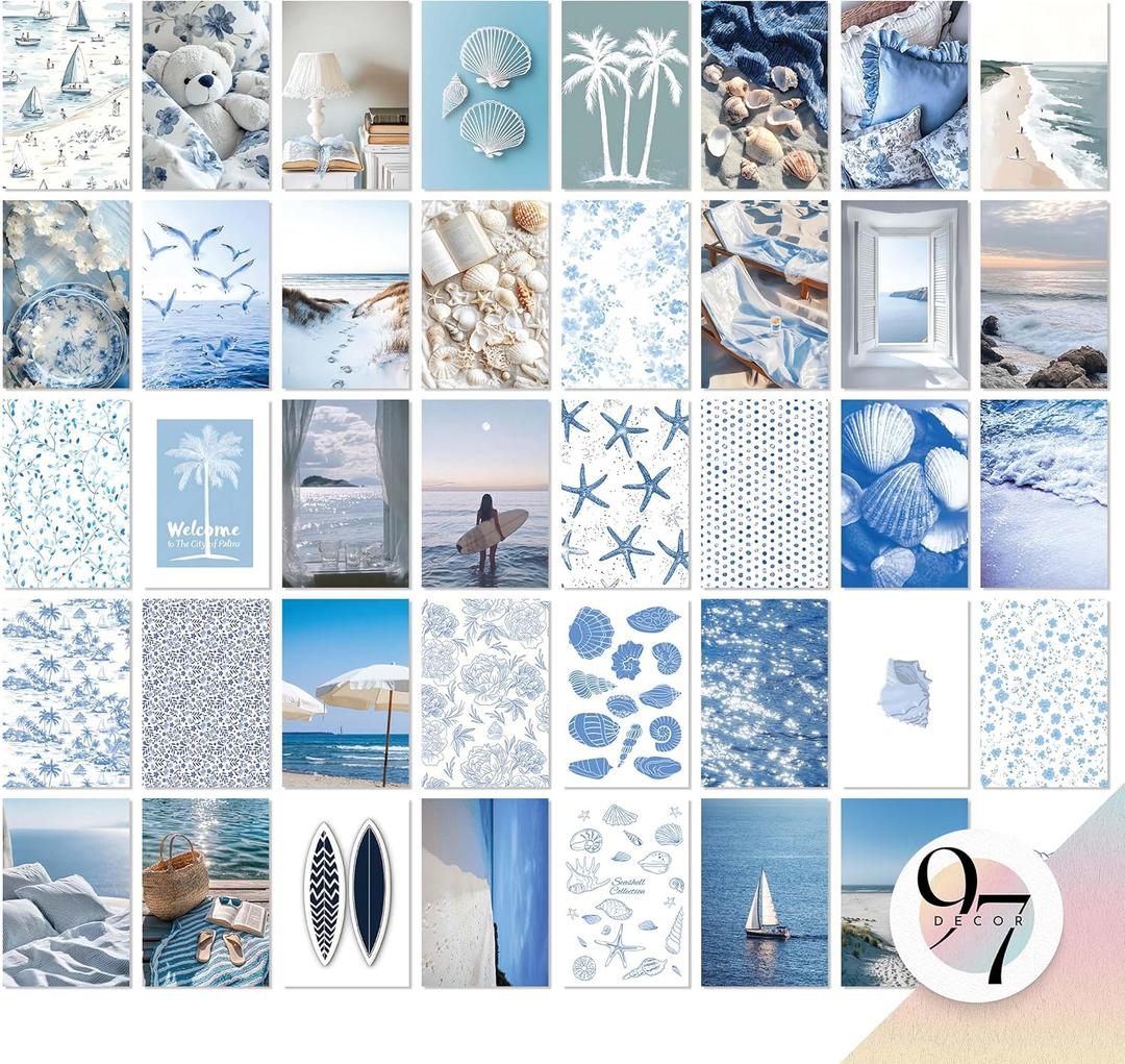 97 Decor Coastal Wall Art - 40 Pcs Blue Ocean Art Prints, Beachy Collage, Summer Pictures, Beach Wall Decor For Bedroom Dorm (4x6)