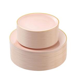 Bestluck 100PCS Pink Gold Plastic Plates, Pink Disposable Plates for Party, Wedding and Valentine's Day, Include 50 Dinner Plates, 50 Dessert Plates for 50 Guests