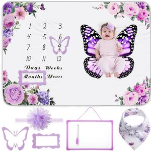 Chumia 6 Pcs Baby Monthly Milestone Blanket for Girl 60" x 40" Butterfly Milestone Blanket Age Photo Photography Backdrop with Newborn Calendar Growth Chart Bib Headband(Purple,Butterfly Pattern)