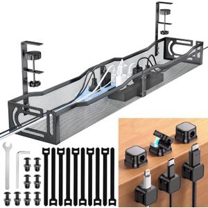 Cable Management Under Desk, 25.3'' No Drill Desk Cable Management Tray with Clamp, Metal Cord Organizer for Standing Desk, Computer Wire Management for Home Office & Gaming Setup, Black