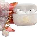 Cute Airpod Pro 2 Case Elegant Flower Luxury Glitter Marble Pearl Protective Cover with Keychain Compatible with AirPods Pro 2nd Generation Case for Girls Women (Rose White)