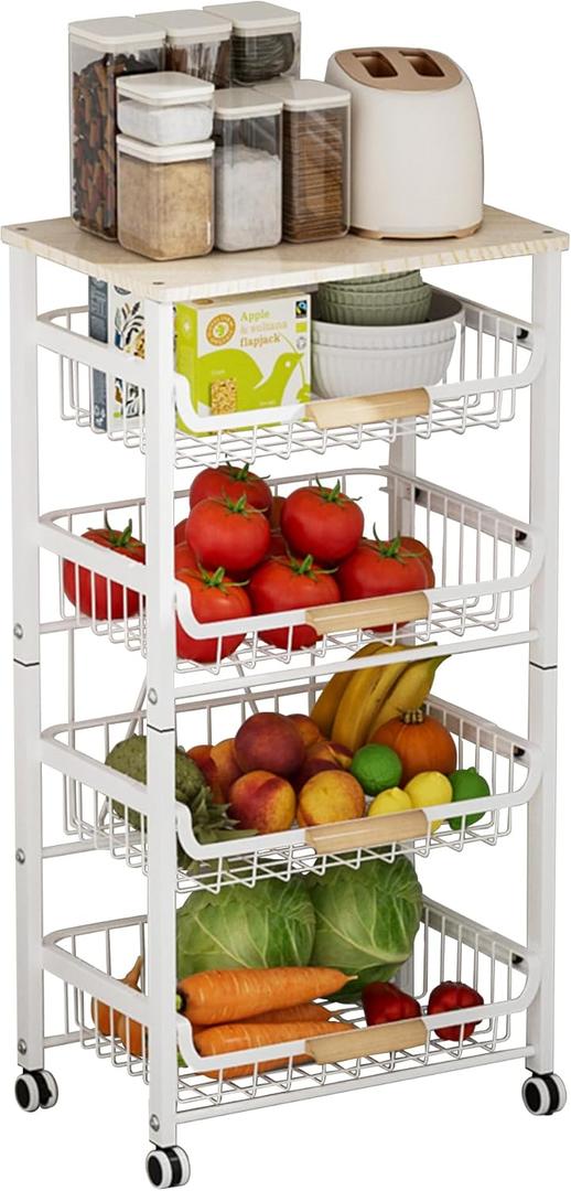 Pull-Out Kitchen Storage Cart 5 Tier Kitchen Fruit Cart on Wheels,Fruit Basket for Kitchen,Bedroom Kitchen Organizer and Storage Rack, Potato Onion Vegetable Storage (White), 5Tier-White