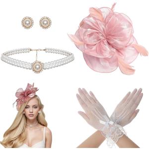 Heliltd 4Pcs Tea Party Fascinator Hat for Women Flower Fascinators for Women Feather Hat Lace Glove Pearl Jewelry Set (Pink)