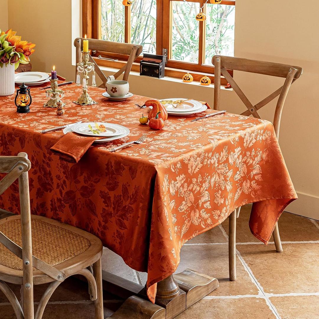 Joyfol Day Fall Thanksgiving Tablecloth, Jacquard Fabric Autumn Square Table Cloth, Countryside Leaves Waterproof Kitchen Dining Harvest Holiday Table Cover (52x52 Inch, Rust/Burnt Orange)