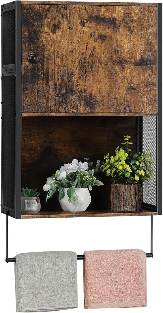 Farmhouse Medicine Cabinet, Bathroom Wall Cabinet with Towel Bar, Hanging Wall Cabinet with Open Storage Space, Over The Toilet Sapce Saver Storage Cabinet for Bathroom, Laundry