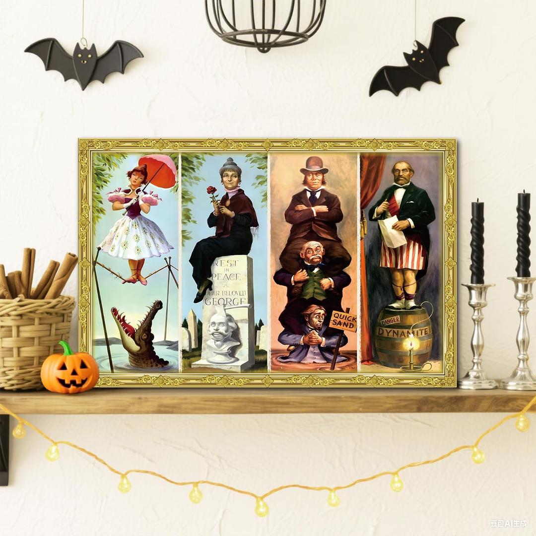 Haunted House Halloween Wall Art Large Wooden Vintage Gold Framed Horror Theme Pictures for Rustic Landscape Wall Decor, Aesthetic Halloween Wall Welcome Decor (Including Wooden Frame)