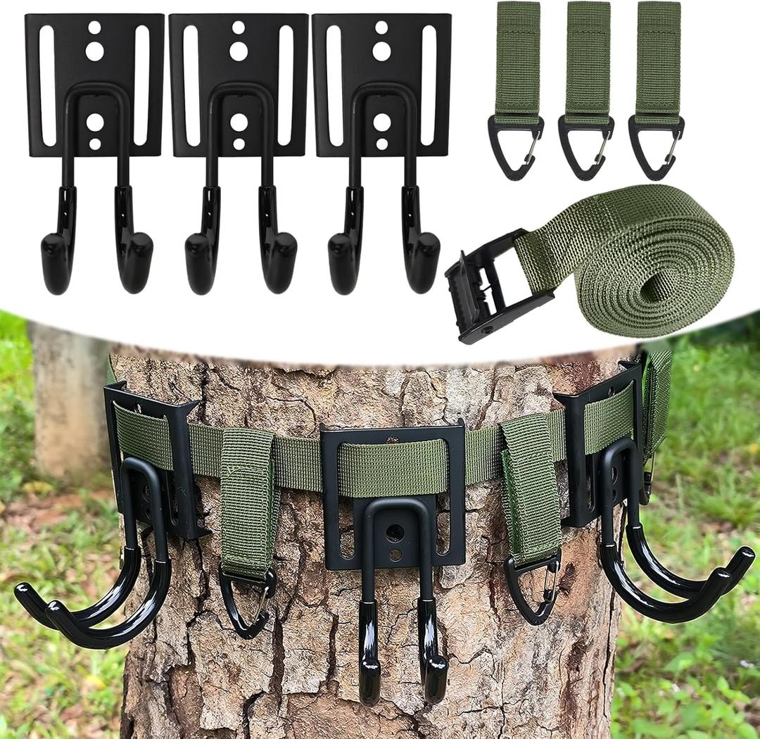 Tree Stand Strap Bow Hanger with Metal Hooks, Tactical Keychain Clip and Storage Bag, High Loading Capacity, Saddle Hunting Accessories, Gear Hanger for Hunting, Hiking, Camping