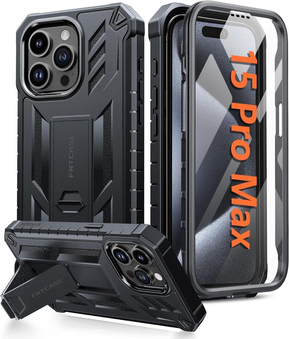 FNTCASE for iPhone 15-Pro-Max Case: Military Grade Drop Proof Rugged Protective Cell Phone Cover with Kickstand & Built-in Protector | Matte Textured Shockproof TPU Hybrid Bumper Cases (Black)