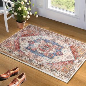 YJ.GWL Doormat Boho Area Rug 2x3, Machine Washable Small Low Pile Lightweight Thin Entryway Rug, Floral Vintage Distress Print Pattern Carpet for Entrance Kitchen Bedroom, Orange