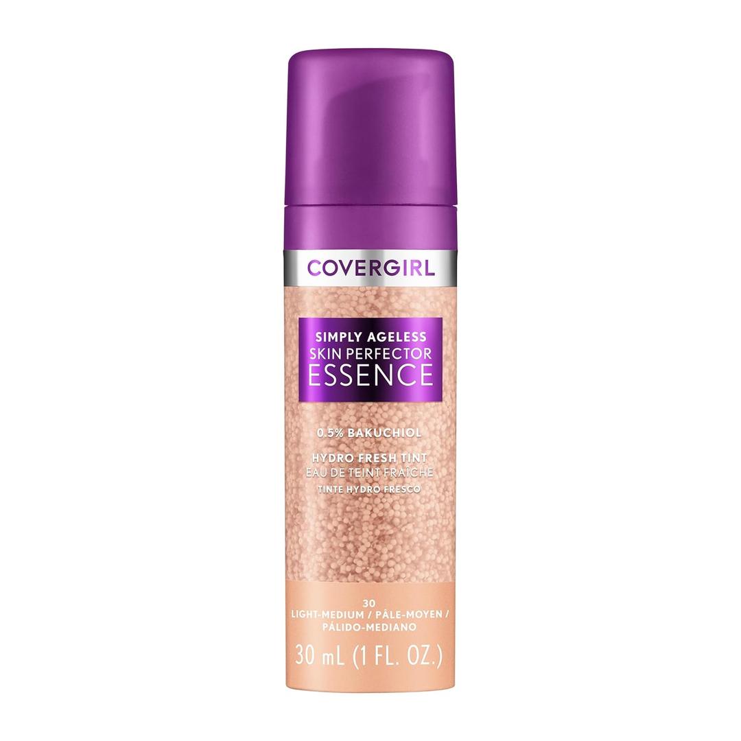 CoverGirl Simply Ageless Skin Perfector Essence Foundation, 30 Light-Medium, Tinted Skincare Makeup Hybrid, Sheer Tint, Radiant Finish, Glowy Finish, Vegan Formula, 1.0oz