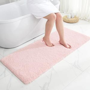 Bathroom Rugs 24x48 Non Slip Fluffy Bath Mat for Bathroom Floor Washable Plush Luxury Bath Rug for Tub Soft Shaggy Absorbent Shower Sink Mat, Sakura Pink