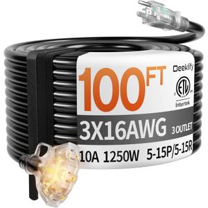 100 ft 16/3 awg 3 Outlet Extension Cord Splitter with Indicator, Waterproof Outdoor Extension Cord with Multiple Outlets, 10A 1250W for Home & Workshop, ETL Listed, Black SJTW