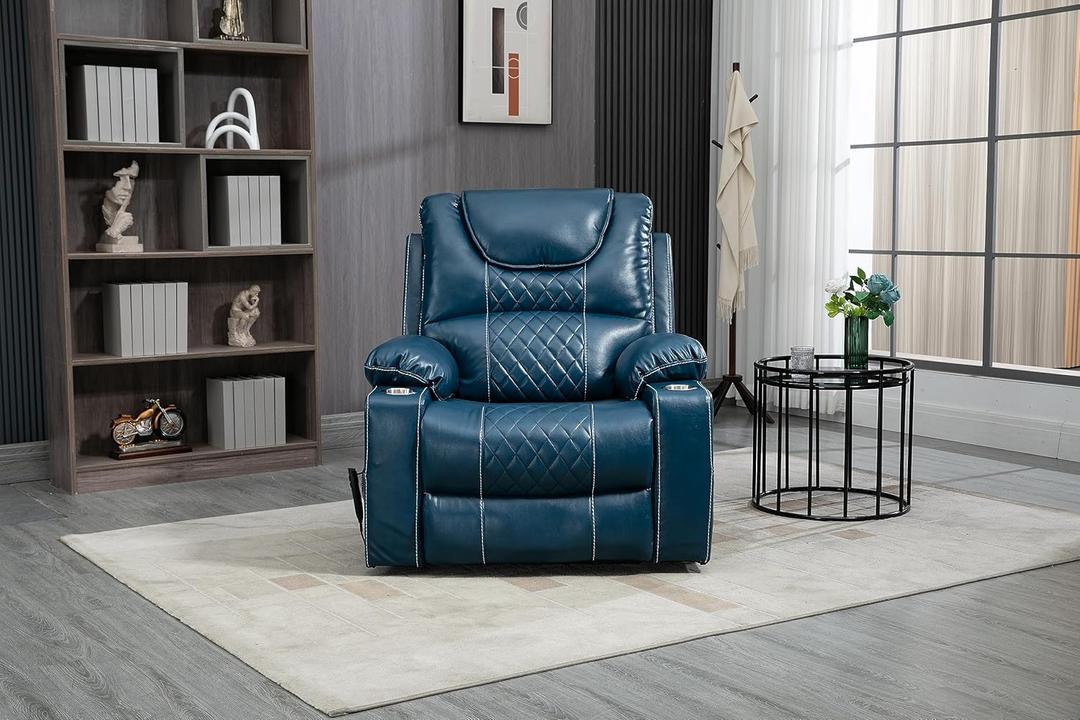 ERYE Oversized Electric Power Lift Recliner Chair for Elderly W/Massage and Heat, Infinite Positions 2 Remote Controllers Faux Leather Upholstered Recliner&Armchair W/Side Pockets & Cupholders (Blue)