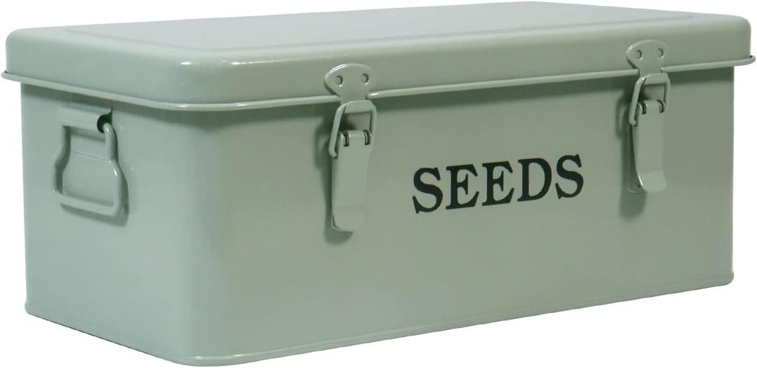 Seed Saving Box, Metal Seed Bin, Seed Storage Organizer Box, Seed Packet Container with Lid, Seed Envelope Storage Box, 4 Compartments Garden Seed Bin with Safety Locks-Green