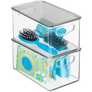 mDesign Deep Plastic Bathroom Storage Bin Box, Lid/Built-in Handles, Organization for Makeup, Hair Styling Tools, Toiletry Accessories in Cabinet, Shelves, Ligne Collection, 2 Pack, Clear/Smoke Gray