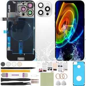 Rear Back Glass Replacement Compatible with iPhone 16 Pro Max All Carriers 6.9" + Pre-Installed Plate + Wireless Charging Coil Flex Cable + Microphone + Flashlight + Camera Frame (White)